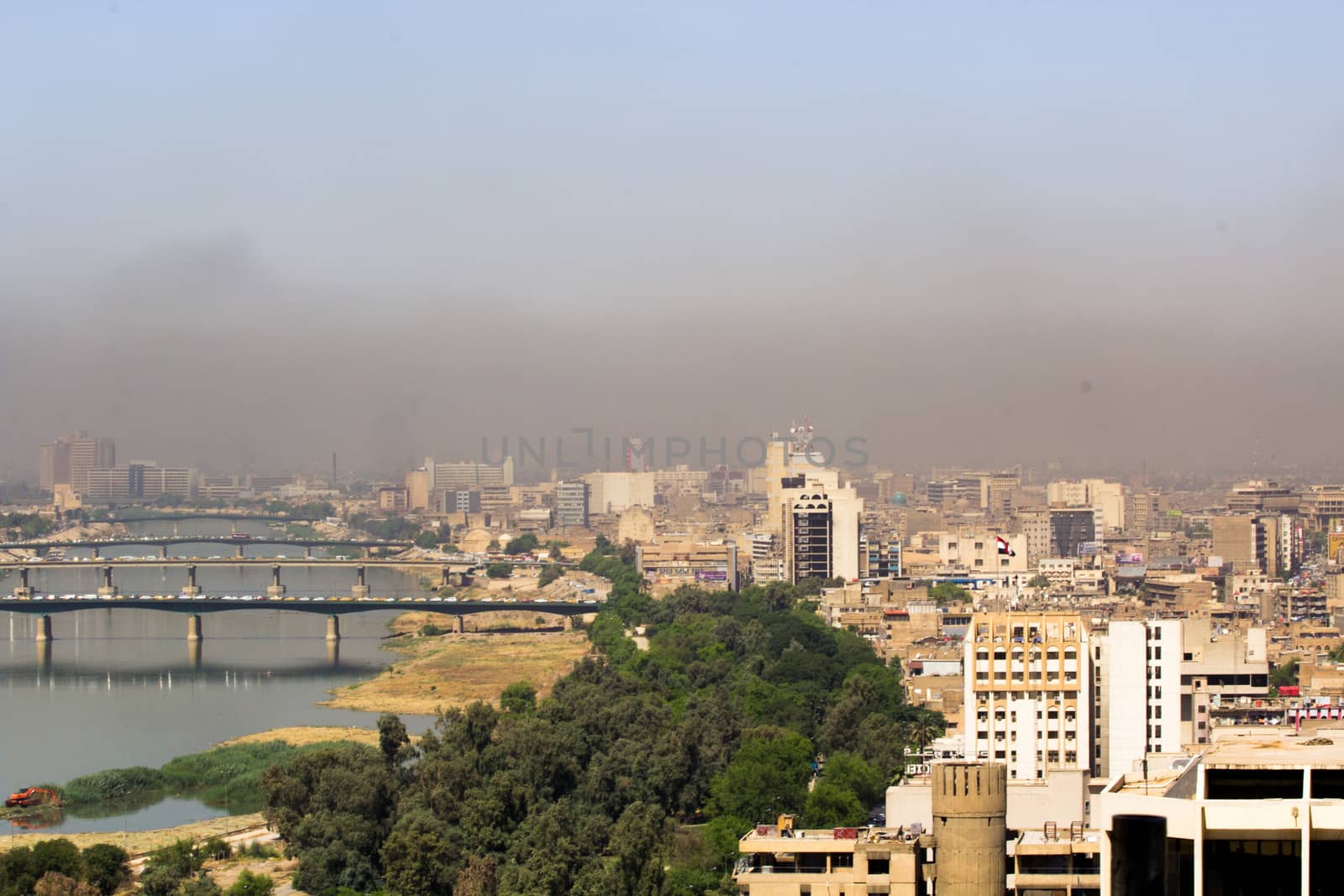 IRAQ, Baghdad: Aerial stock shots of the city of Baghdad, showing two of the main mosques, residential complexes and the Tigris River and bridges, photographed by Rasoul Ali on September 21, 2015. 