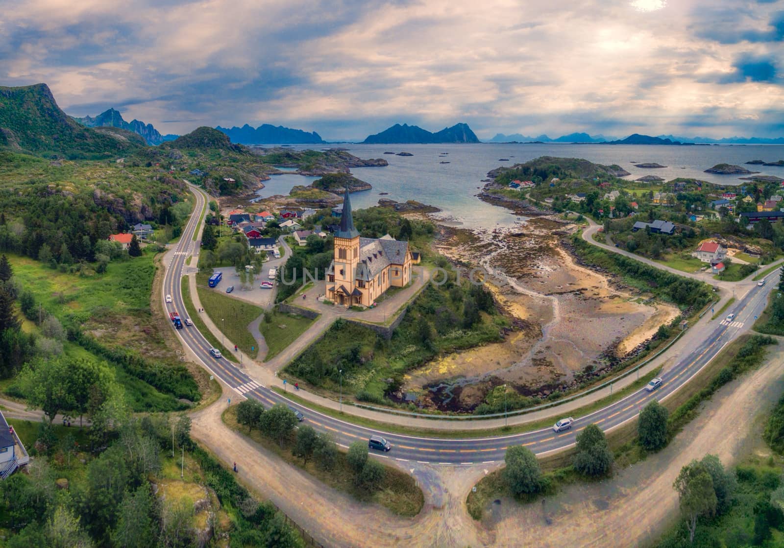 Aerial panoramic view of Vagan church also known as Lofoten cathedral, popular tourist destination