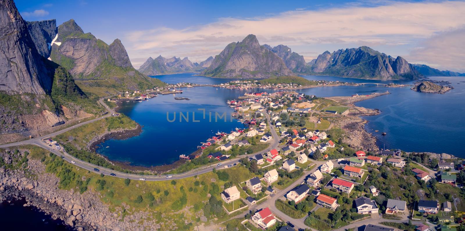 Aerial panorama of picturesque fishing village Reine on Lofoten islands, Norway