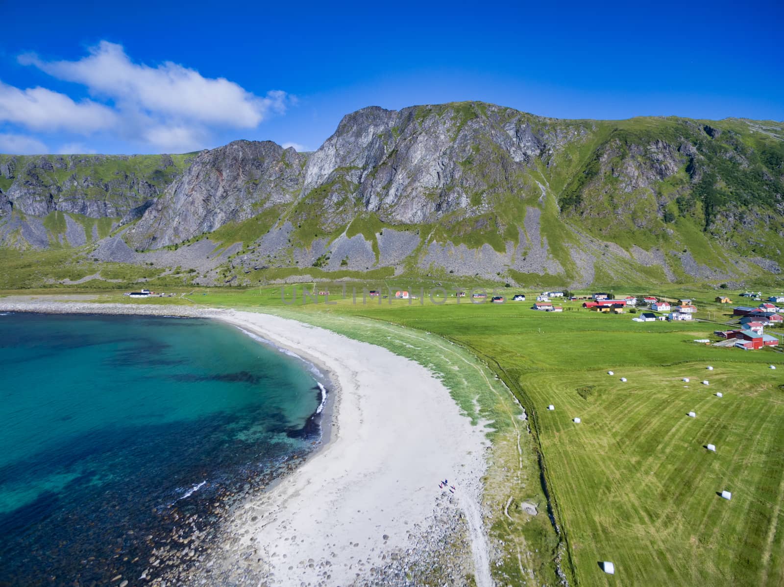 Scenic aerial view of beach in Unstad, one of the best beaches on Lofoten islands in Norway