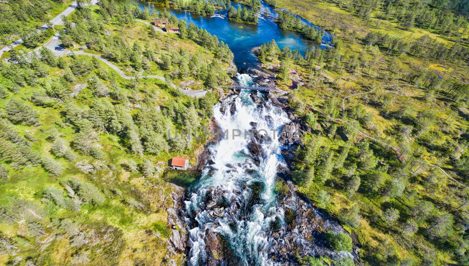 Popular norwegian waterfalls Likholefossen seen from air