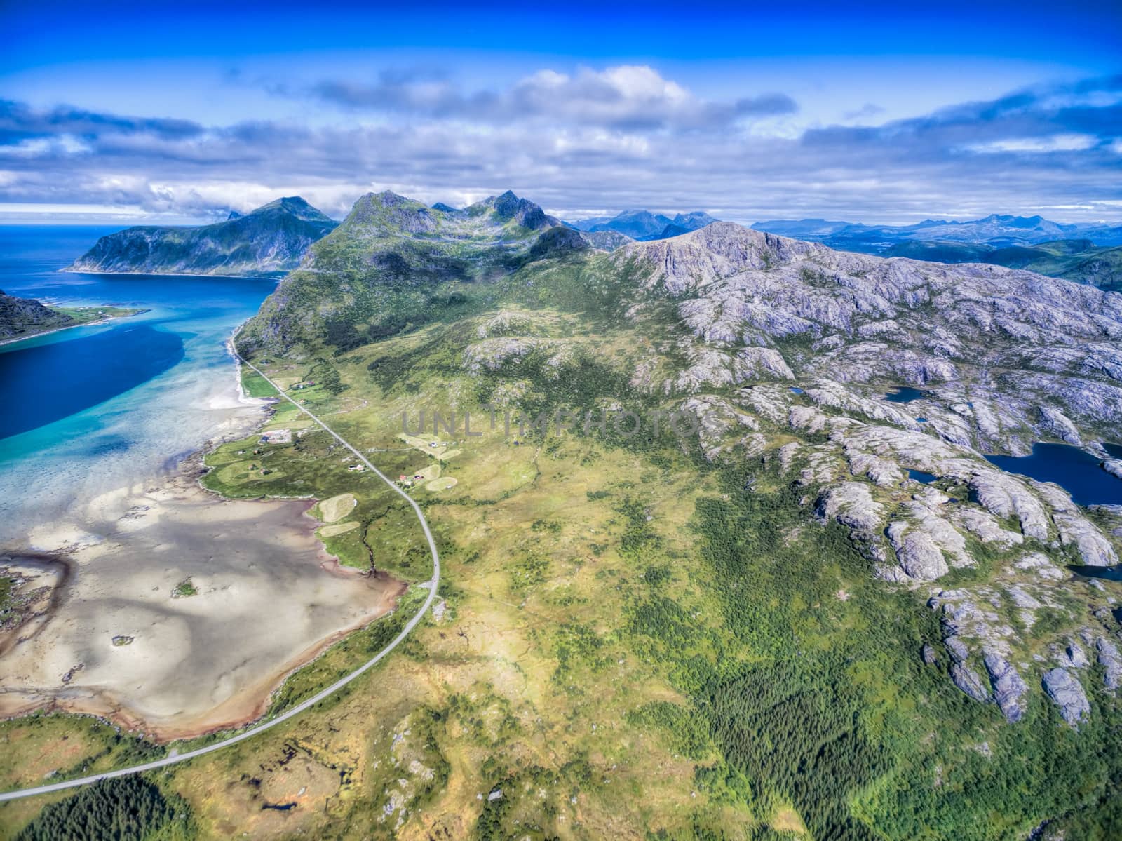 Aerial view of Lofoten islands in Norway, famous for its natural beauty