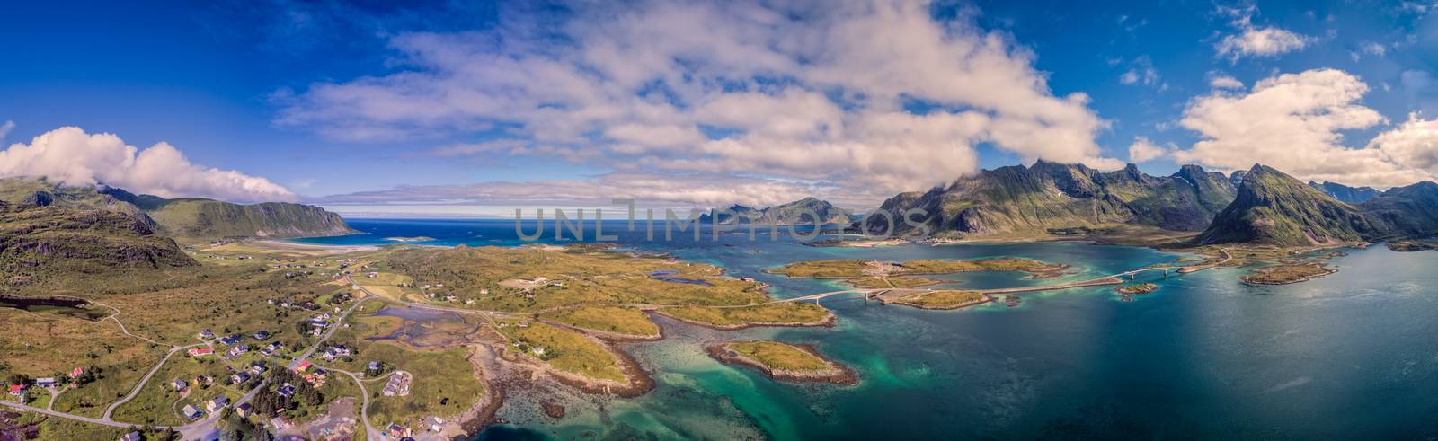 Aerial panorama of Lofoten islands in Norway, famous for its natural beauty