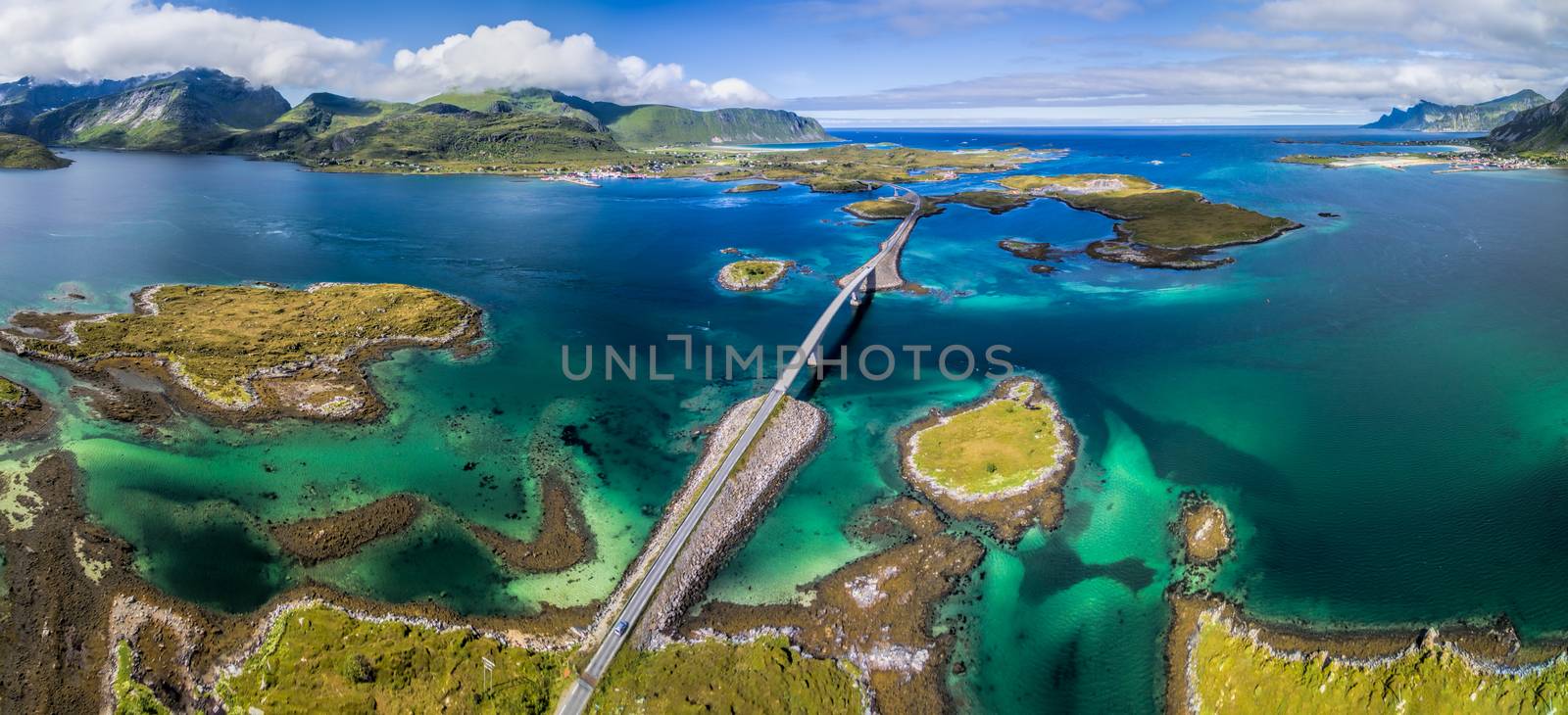 Aerial panorama of scenic road bridges on Lofoten islands in Norway