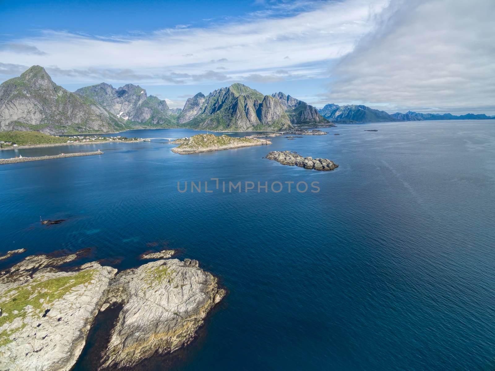 Dramatic rocky coast of Lofoten islands seen from air