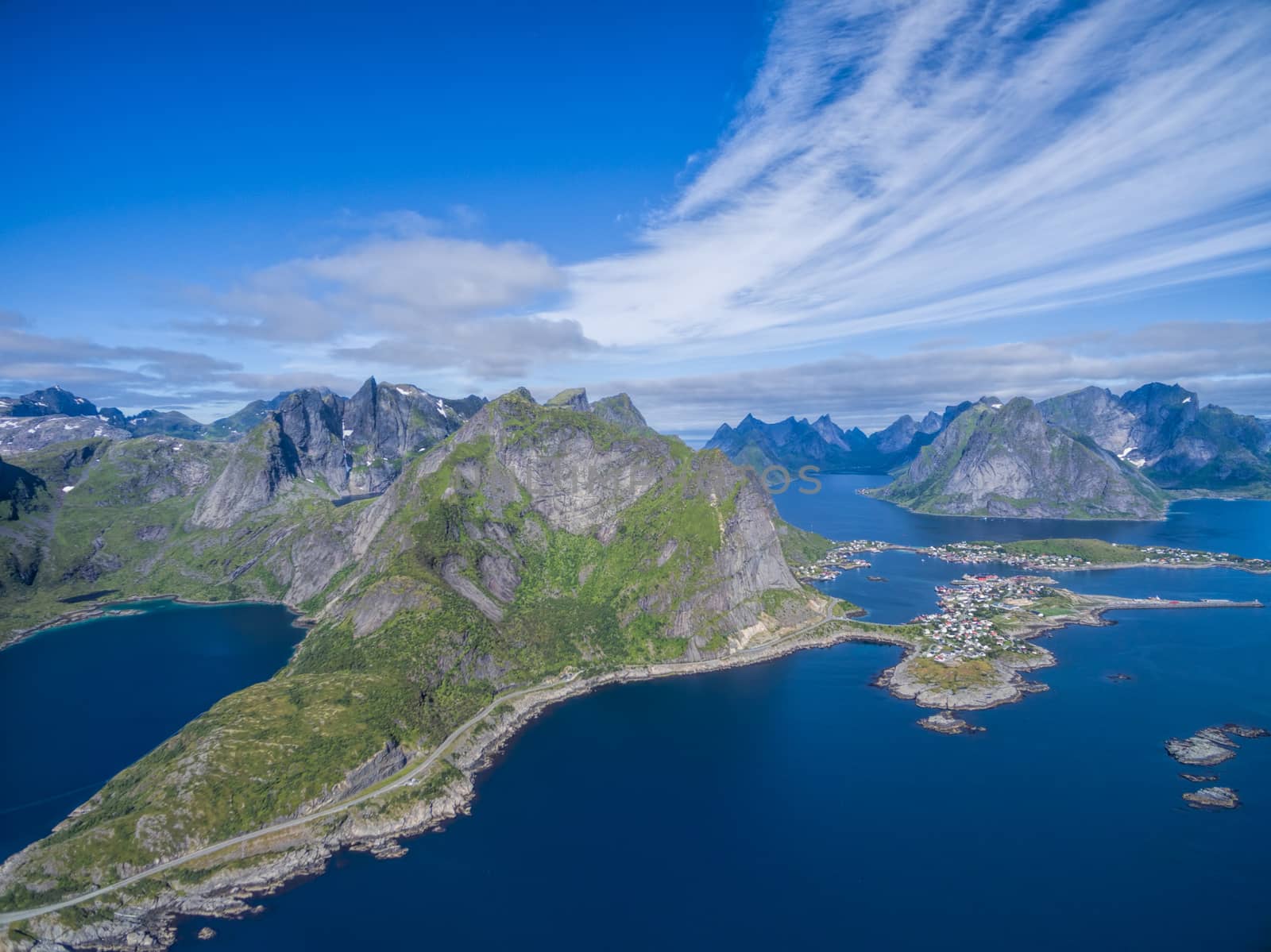 Norwegian Lofoten islands, scenic aerial view of Reine