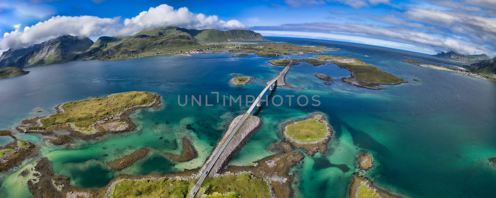 Scenic road bridges connecting islands on Lofoten in Norway