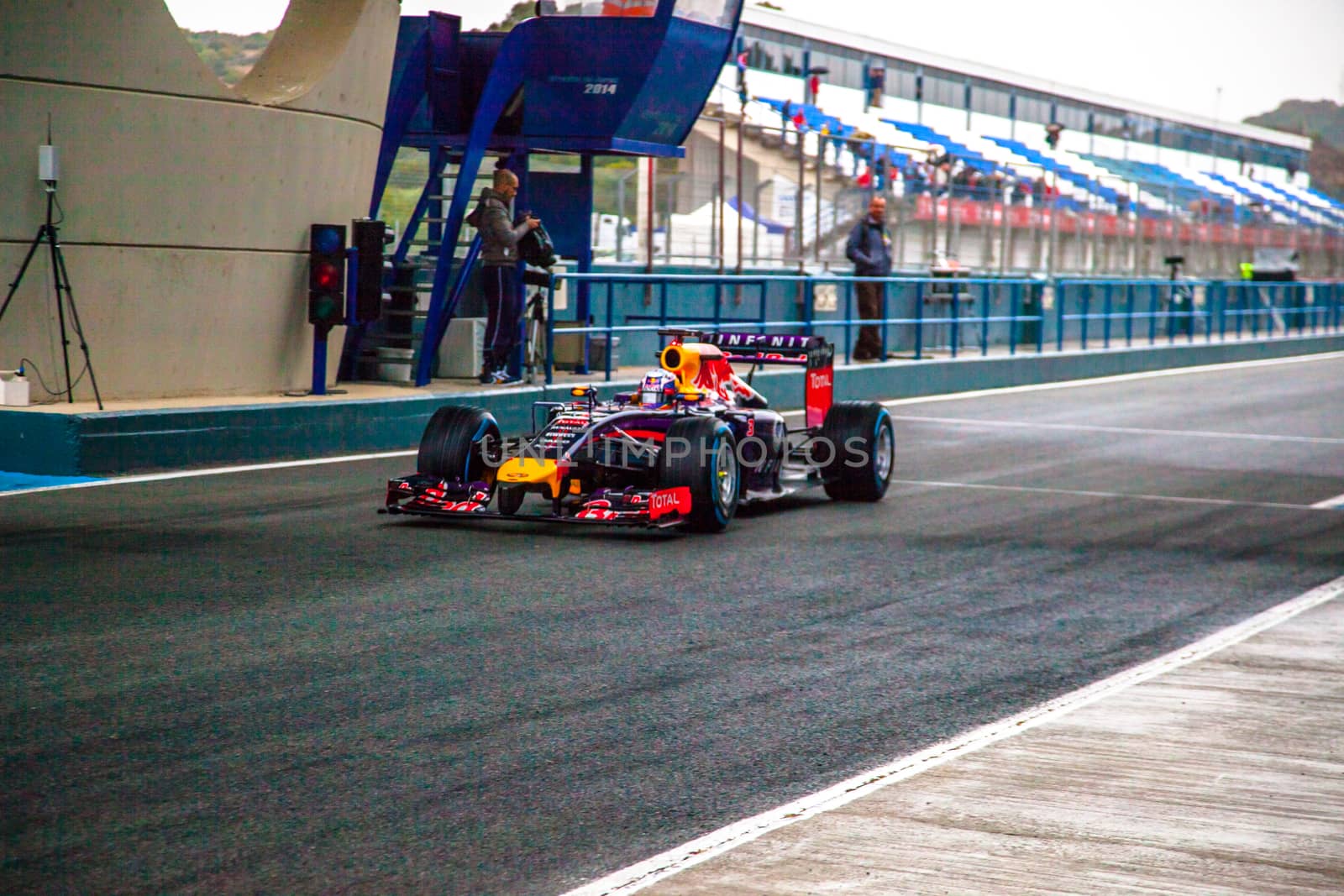 JEREZ DE LA FRONTERA, SPAIN - JAN 31: Daniel Ricciardo of Infinity Red Bull Racing F1 leaving the pit on training session on January 31 , 2014, in Jerez de la Frontera , Spain
