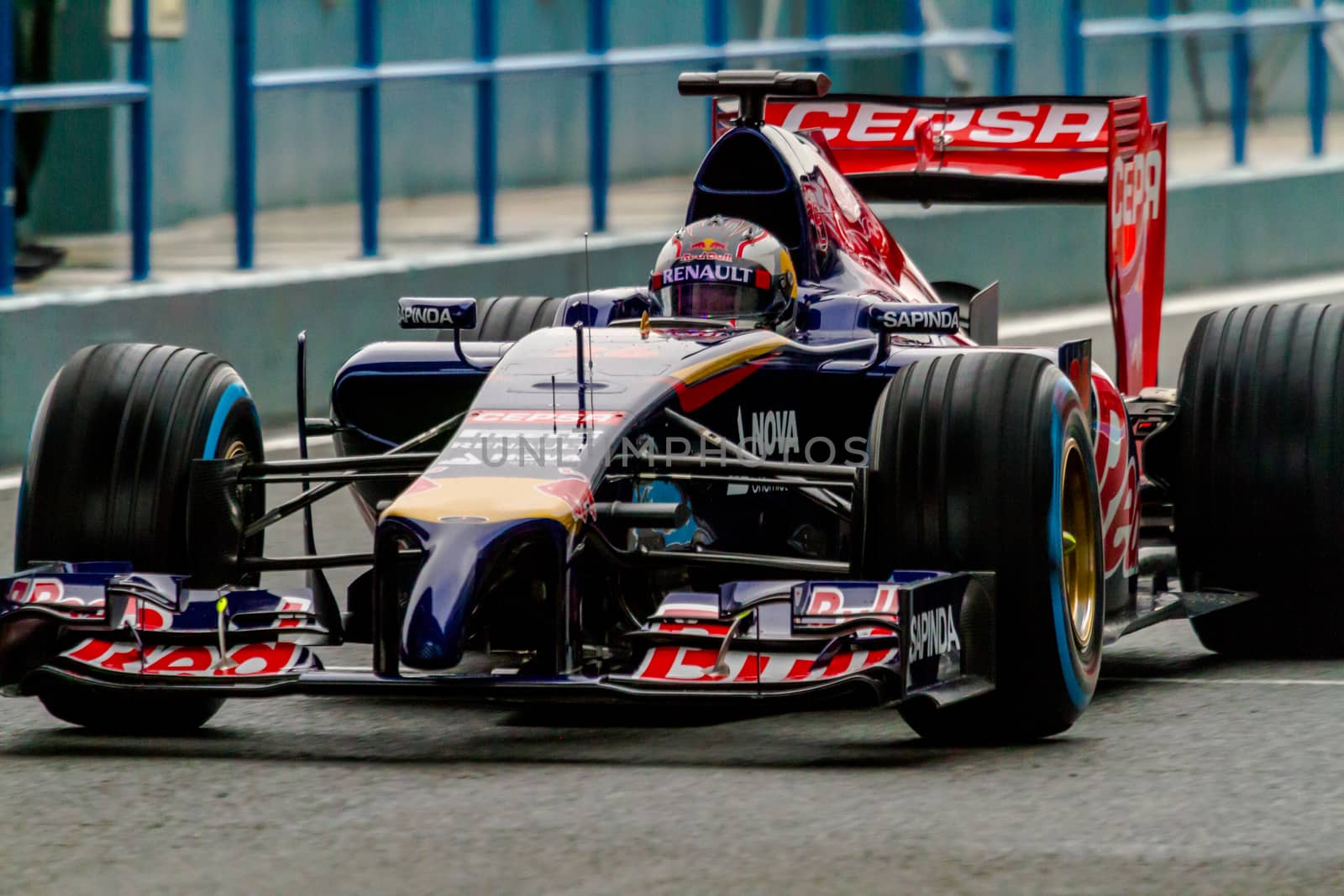 JEREZ DE LA FRONTERA, SPAIN - JAN 31: Daniil Kvyat of Scuderia Toro Rosso F1 leaving the pit on training session on January 31 , 2014, in Jerez de la Frontera , Spain