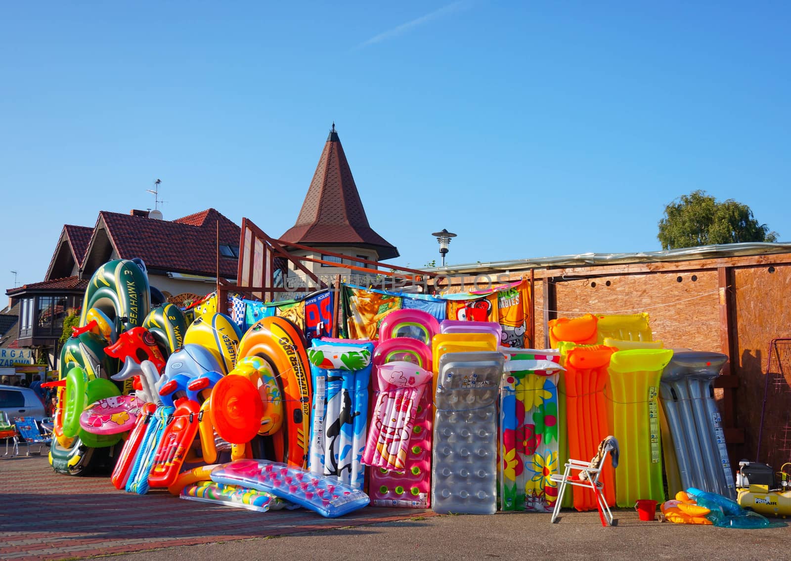 SIANOZETY, POLAND - JULY 18, 2015: Beach toys for sale in front of a store