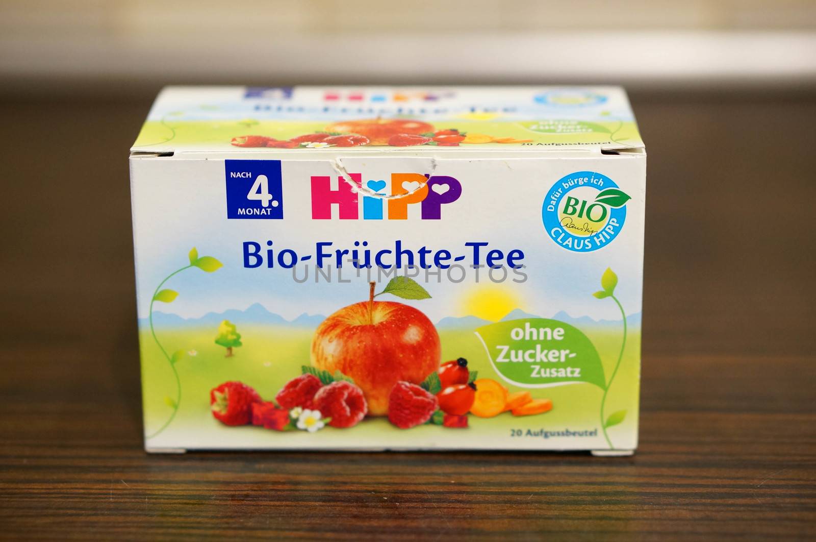 POZNAN, POLAND - SEPTEMBER 24, 2015: Hipp fruit tea for babies in a box