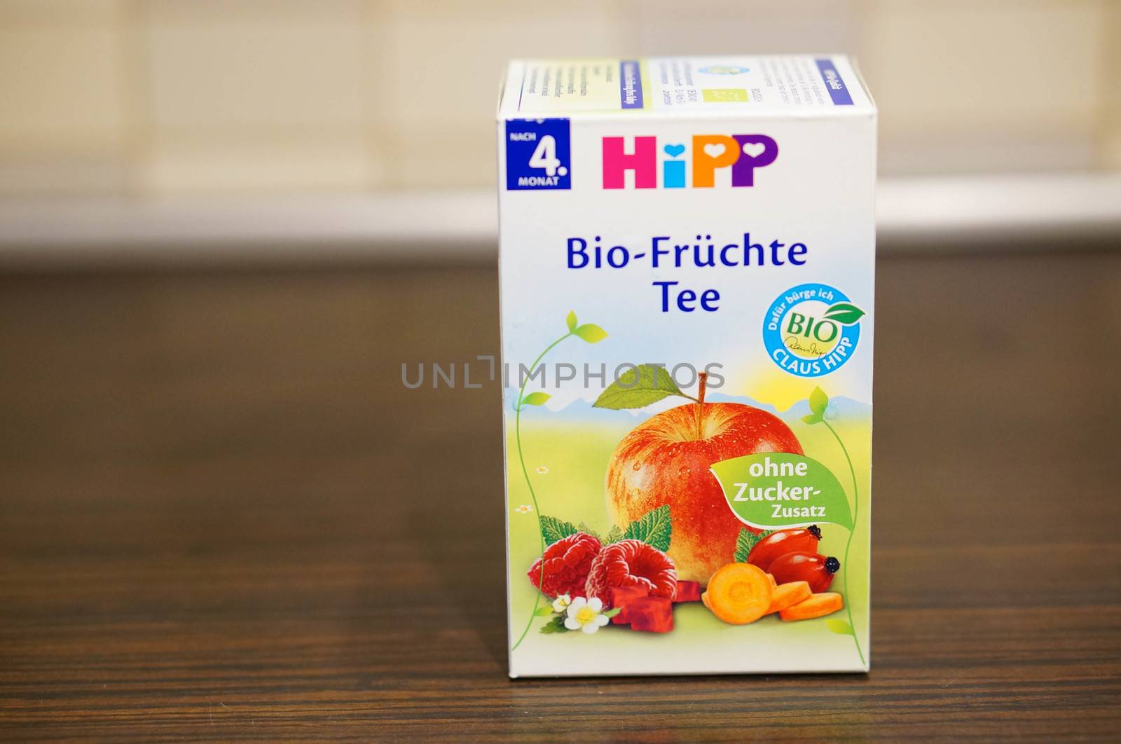 POZNAN, POLAND - SEPTEMBER 24, 2015: Hipp fruit tea for babies in a box