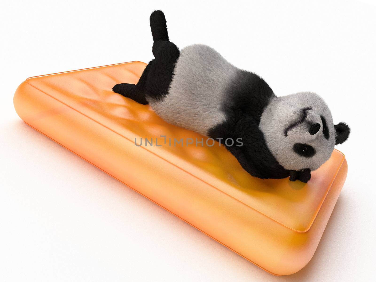 relaxed bear lying on back with hands clasped behind head on orange translucent inflatable mattress. mammal animal resting on bed. render illustration about tourism, leisure, recreation and holidays