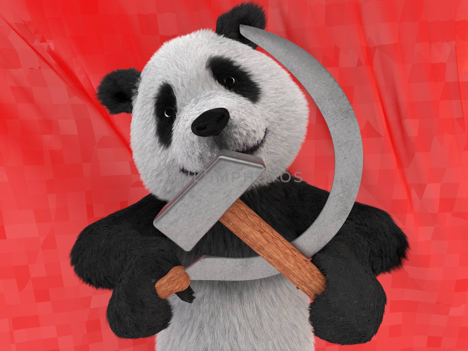 maniacal kind of character in black-and-white Chinese panda, also referred to as bamboo bear holding in its paws symbols of the communist parties of world hammer and sickle on red background flag