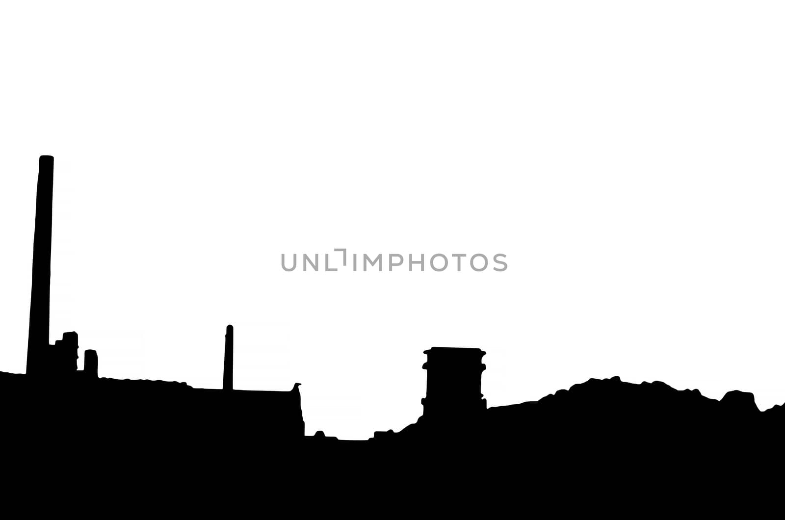 Silhouette of an old factory building with chimneys against white background.