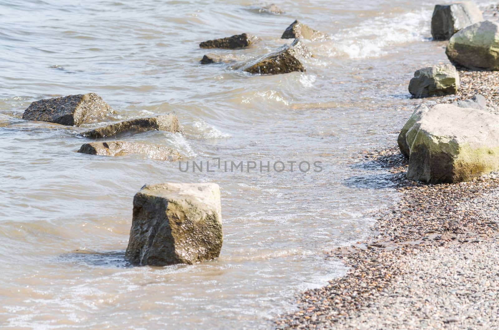 Waterside scenery with large stones on a river.