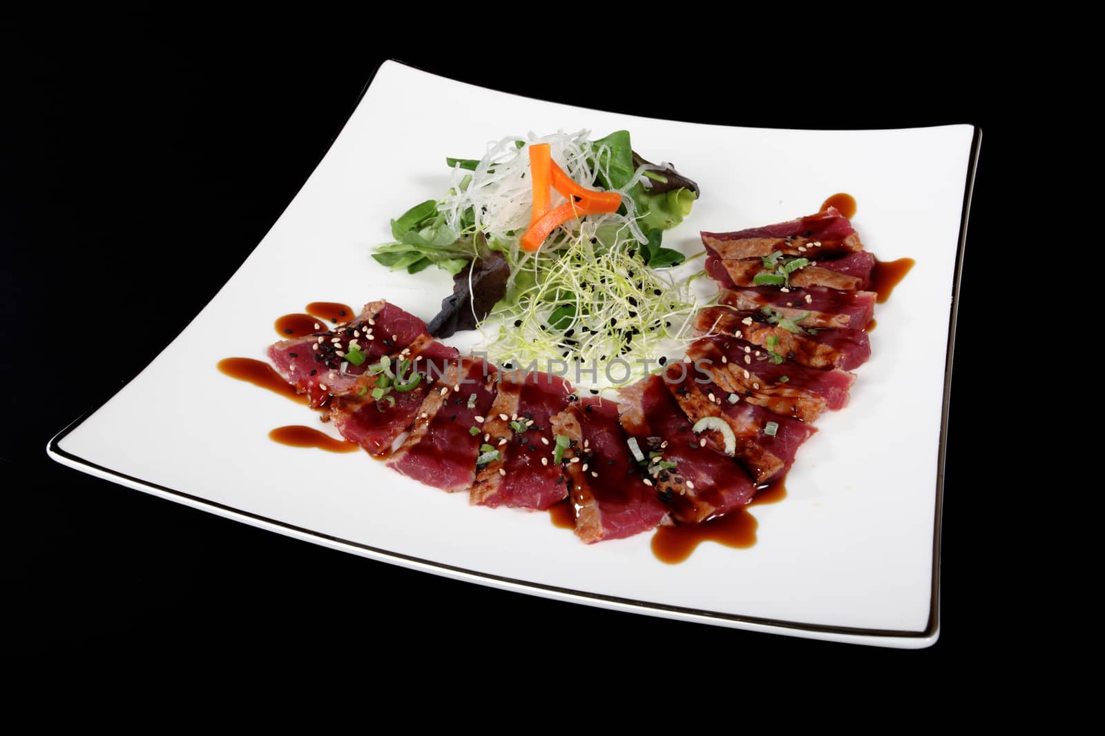 dish of Japanese cuisine meat, rice, fish and vegetables