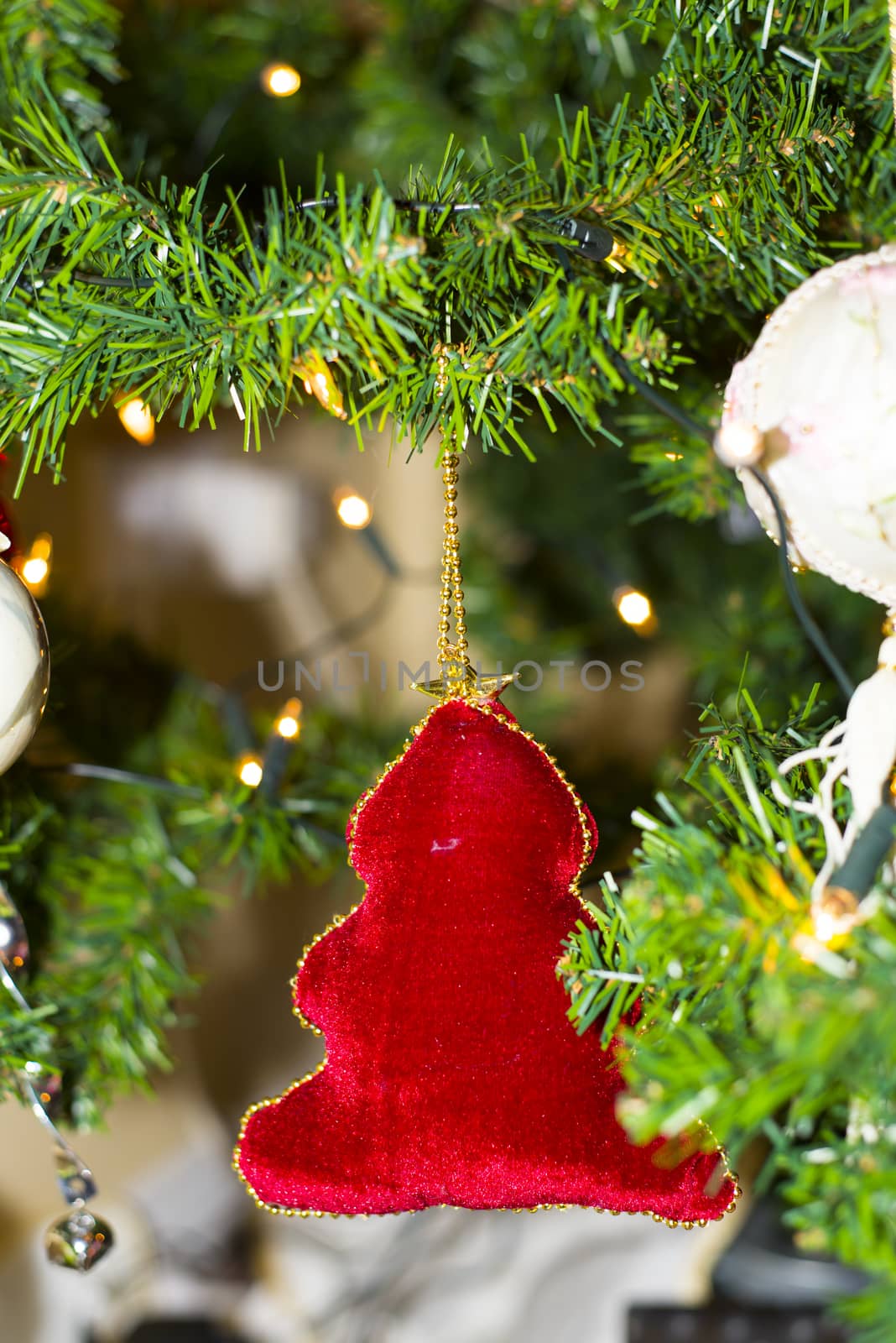 Christmas tree red decoration and lights by morrbyte