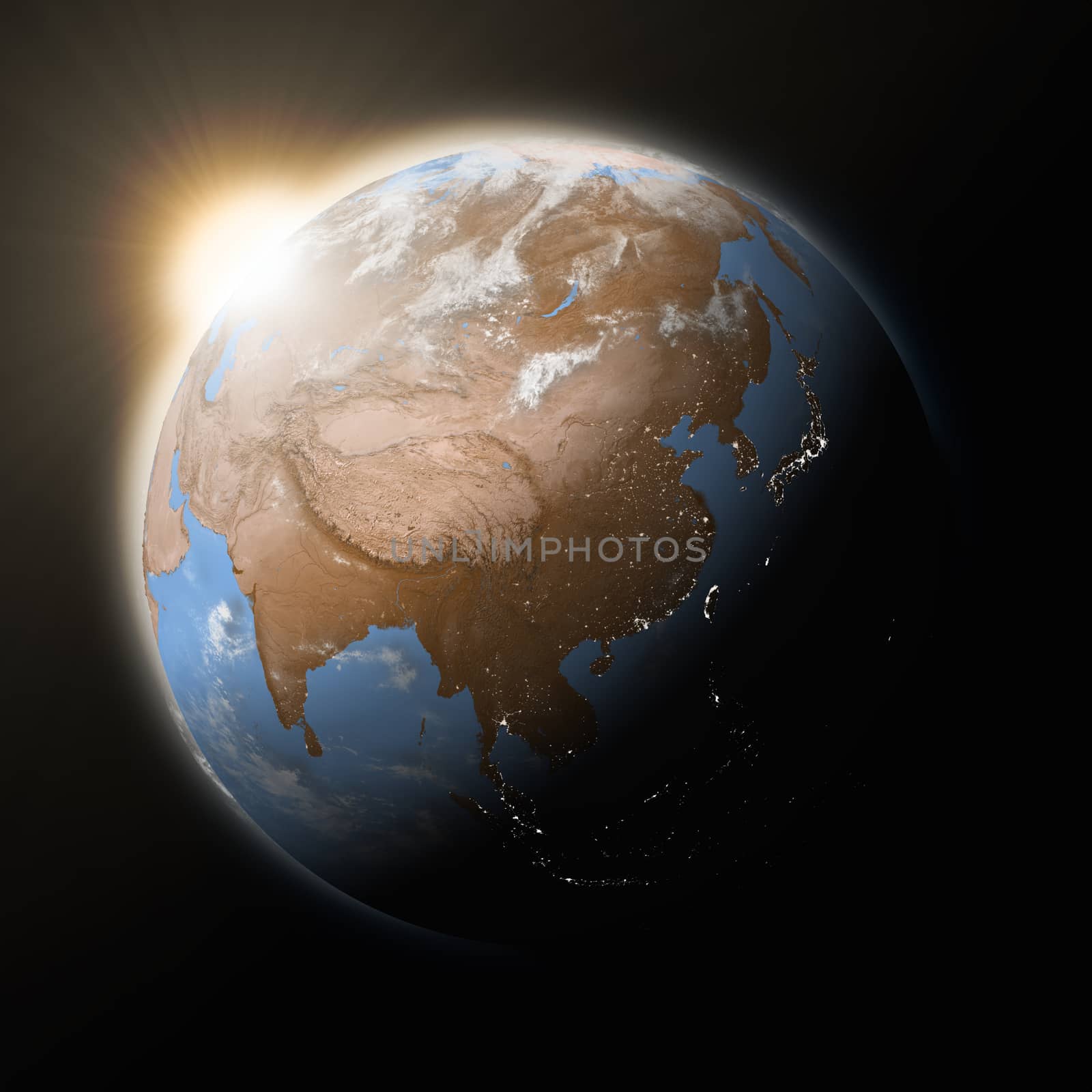 Sun over Southeast Asia on blue planet Earth isolated on black background. Highly detailed planet surface. Elements of this image furnished by NASA.