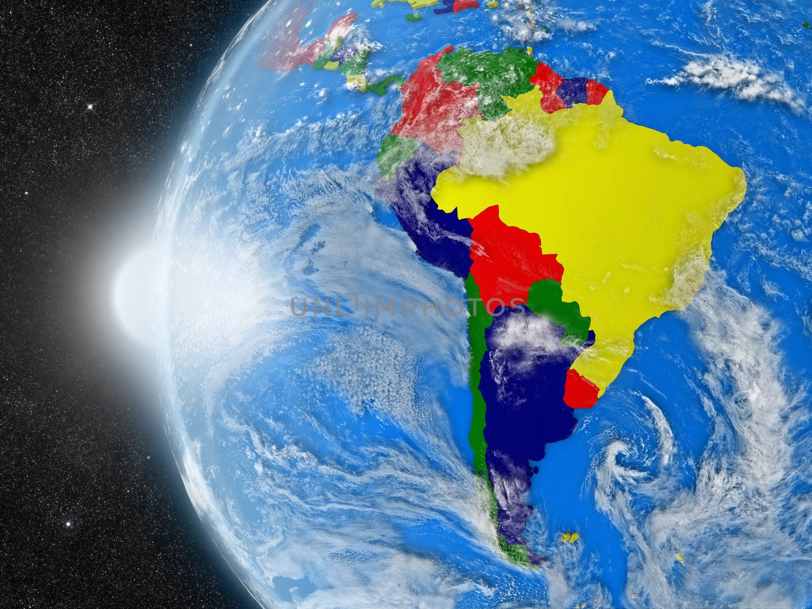 Concept of planet Earth as seen from space but with political borders aimed at south american continent