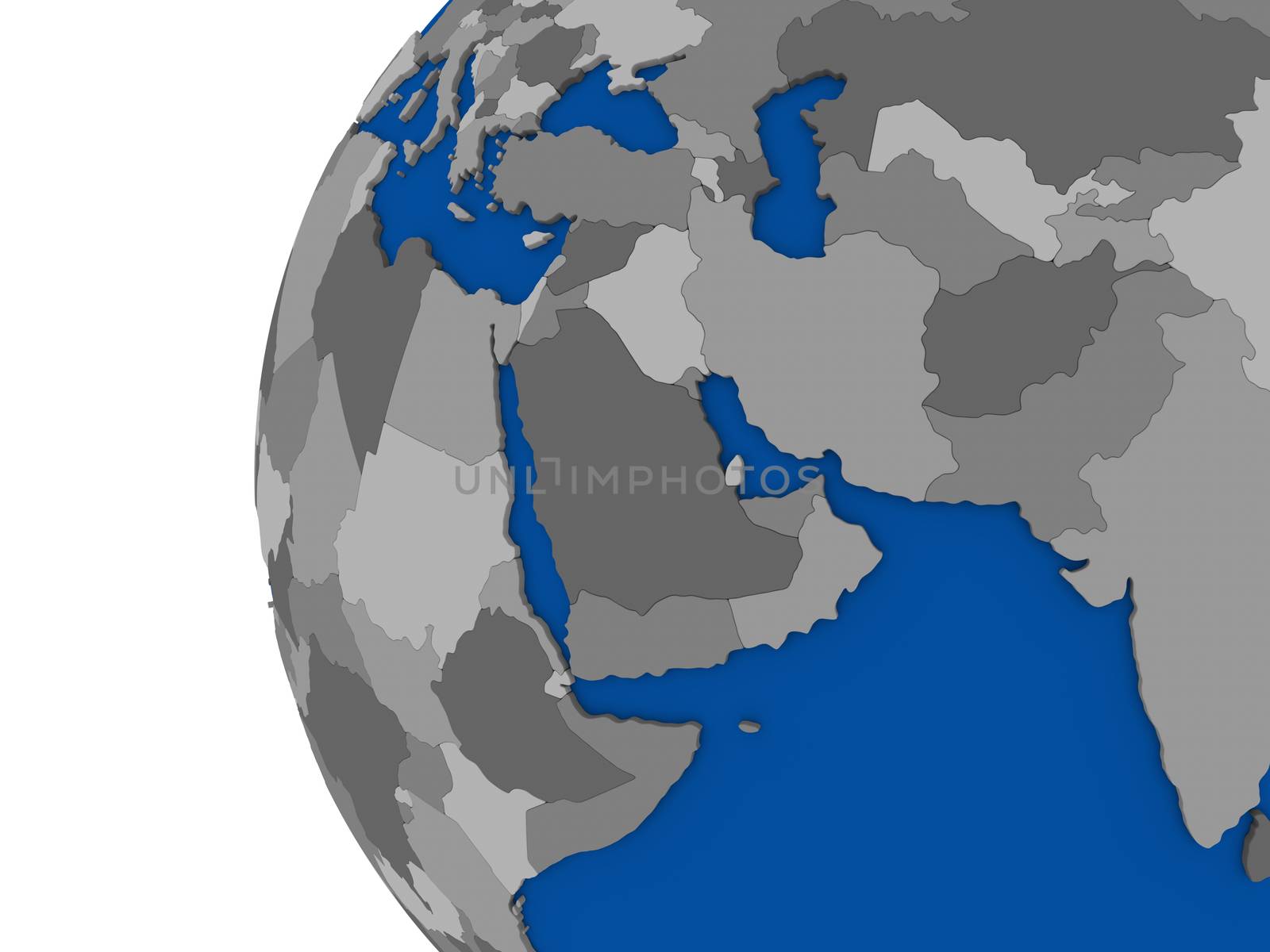 Illustration of middle east region on political globe with white background