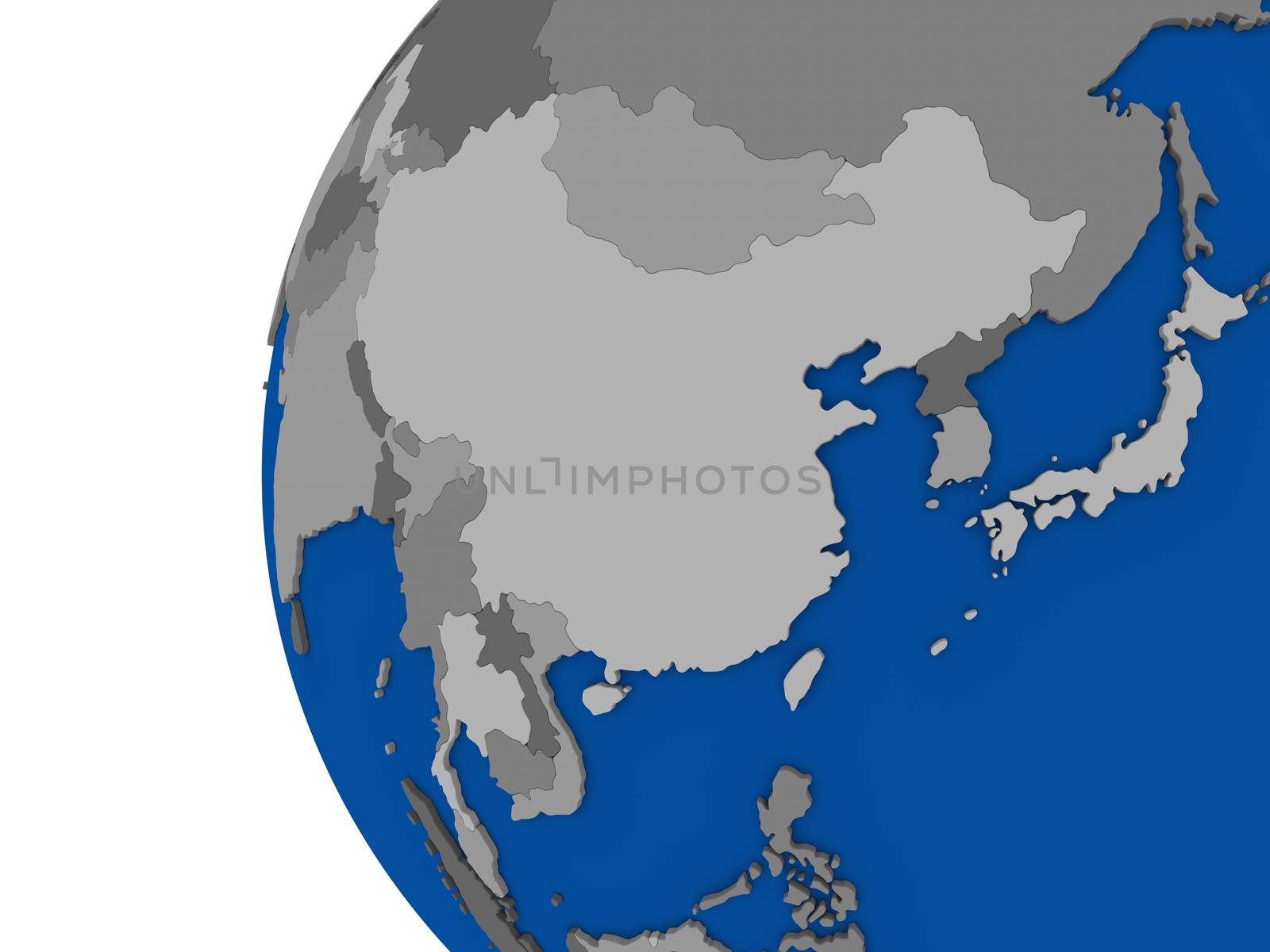 Illustration of east Asia region continent on political globe with white background