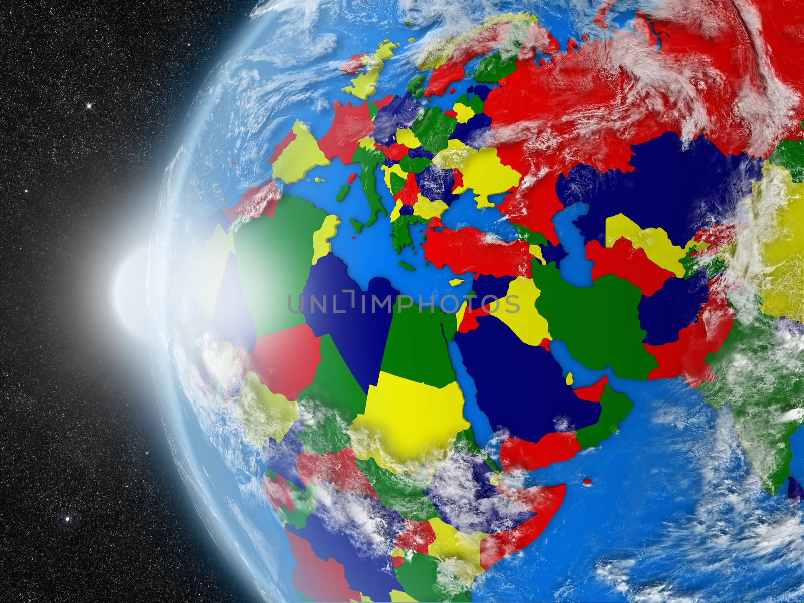 Concept of planet Earth as seen from space but with political borders aimed at EMEA region