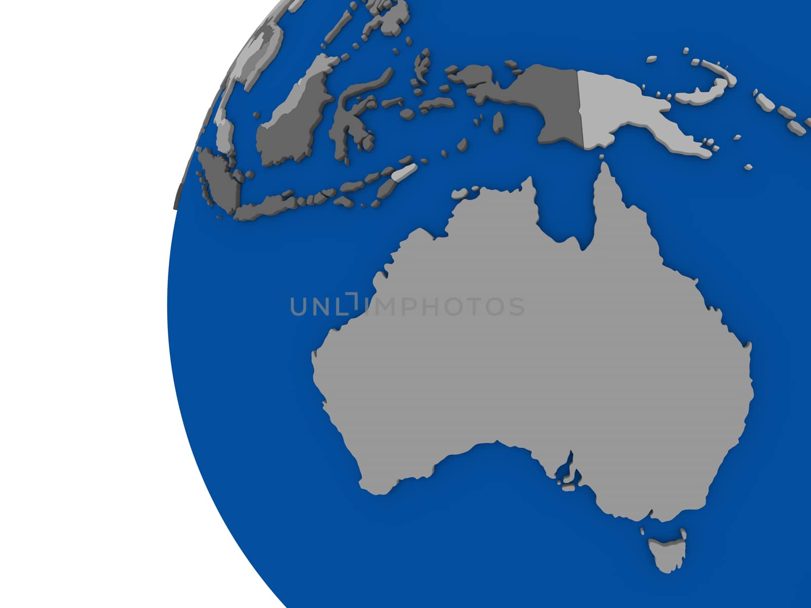 Illustration of Australian continent on political globe with white background