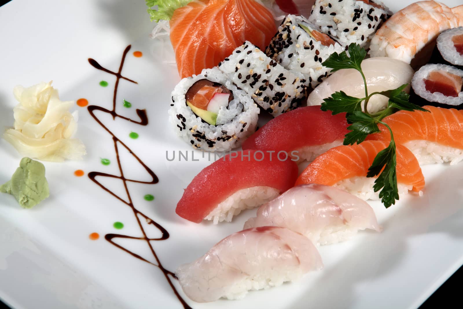 close up sushi and sashimi by diecidodici