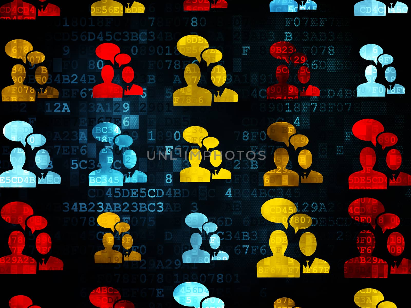 Finance concept: Pixelated multicolor Meeting icons on Digital background, 3d render