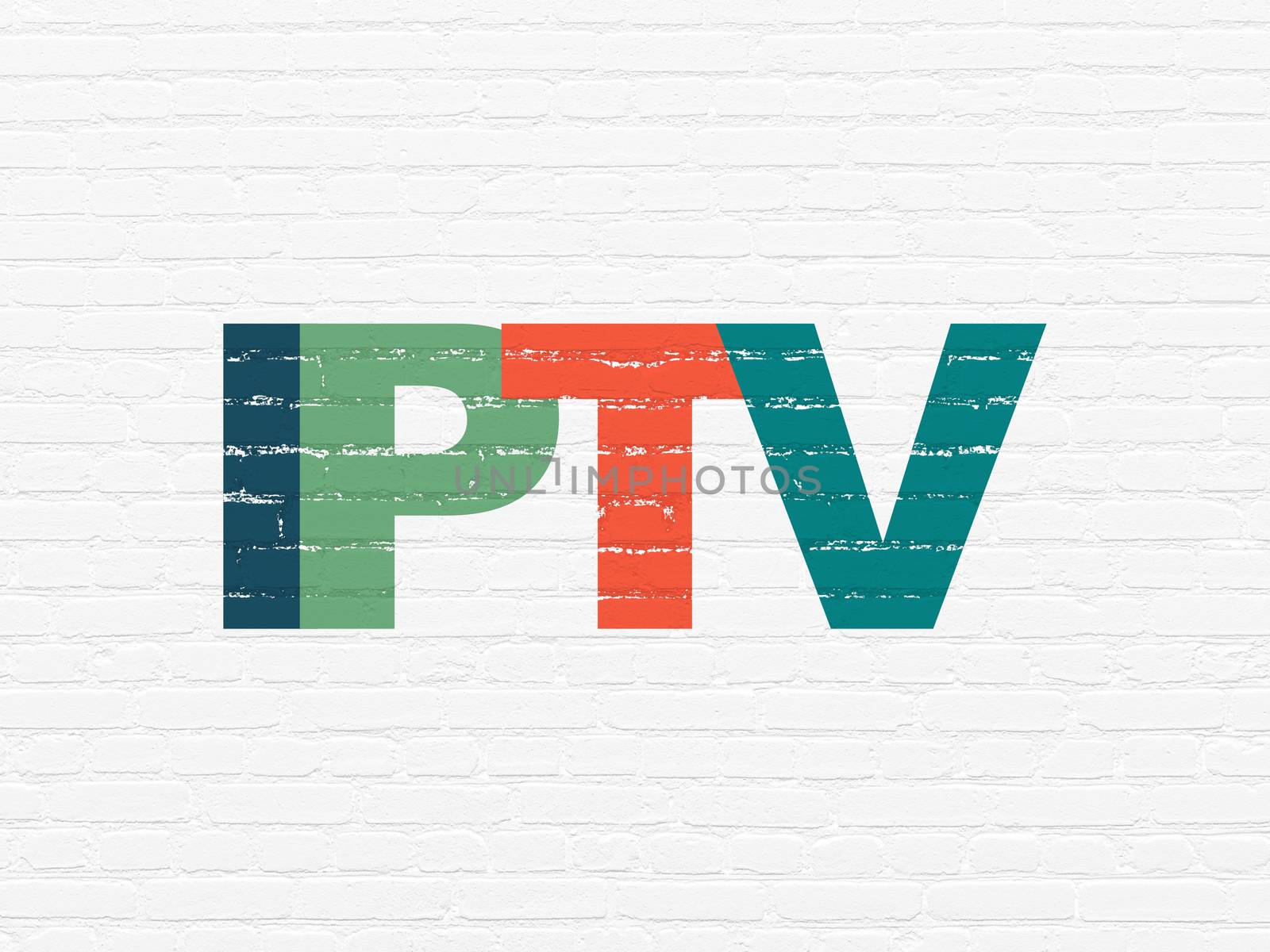 Web design concept: Painted multicolor text IPTV on White Brick wall background, 3d render