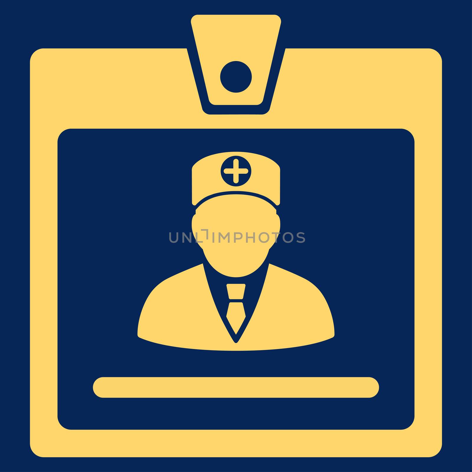 Doctor Badge glyph icon. Style is flat symbol, yellow color, rounded angles, blue background.