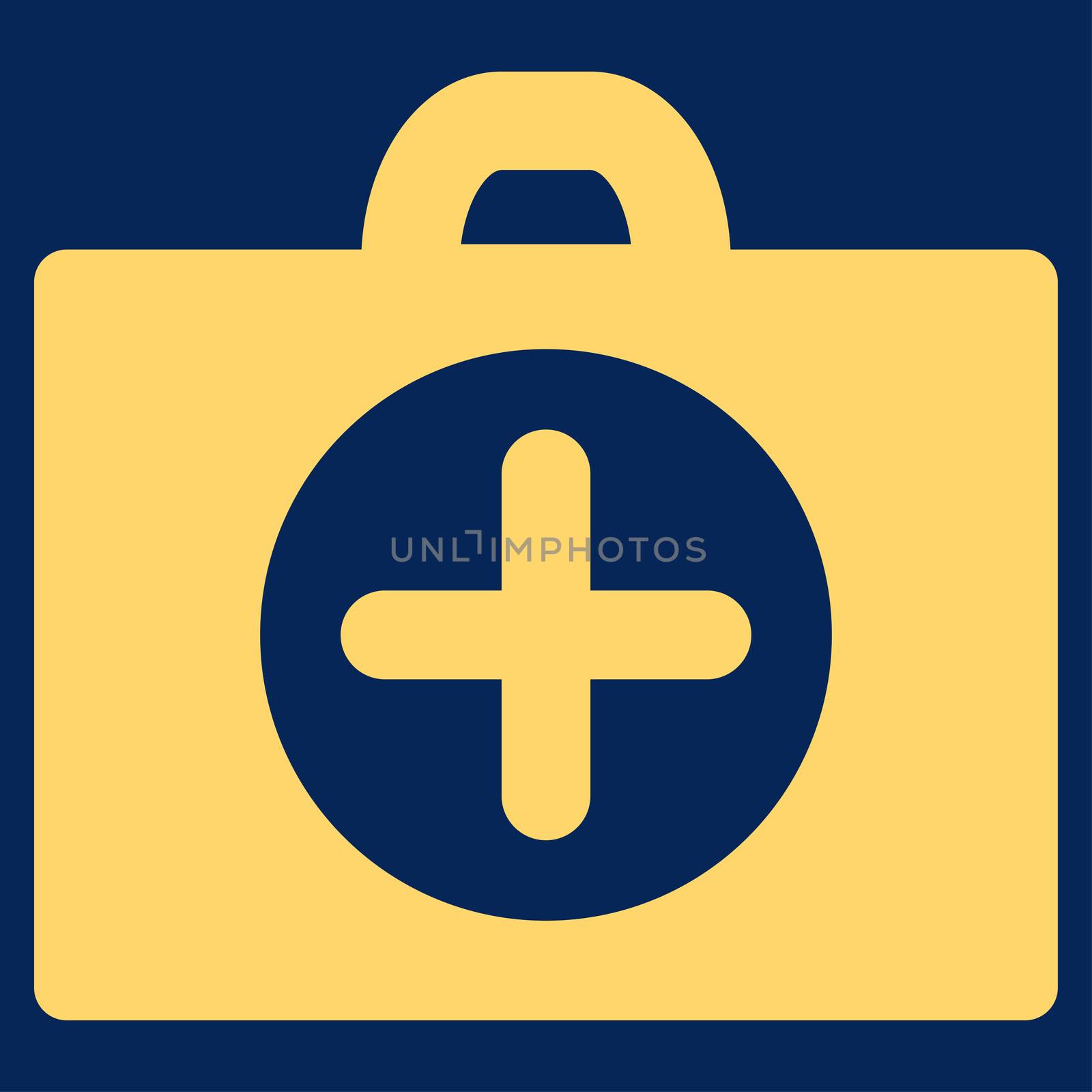 First Aid glyph icon. Style is flat symbol, yellow color, rounded angles, blue background.
