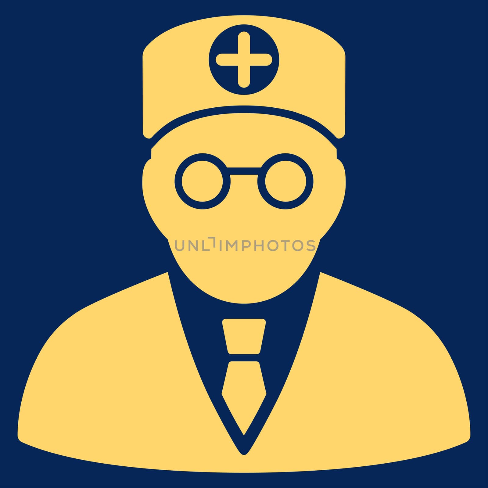 Head Physician glyph icon. Style is flat symbol, yellow color, rounded angles, blue background.