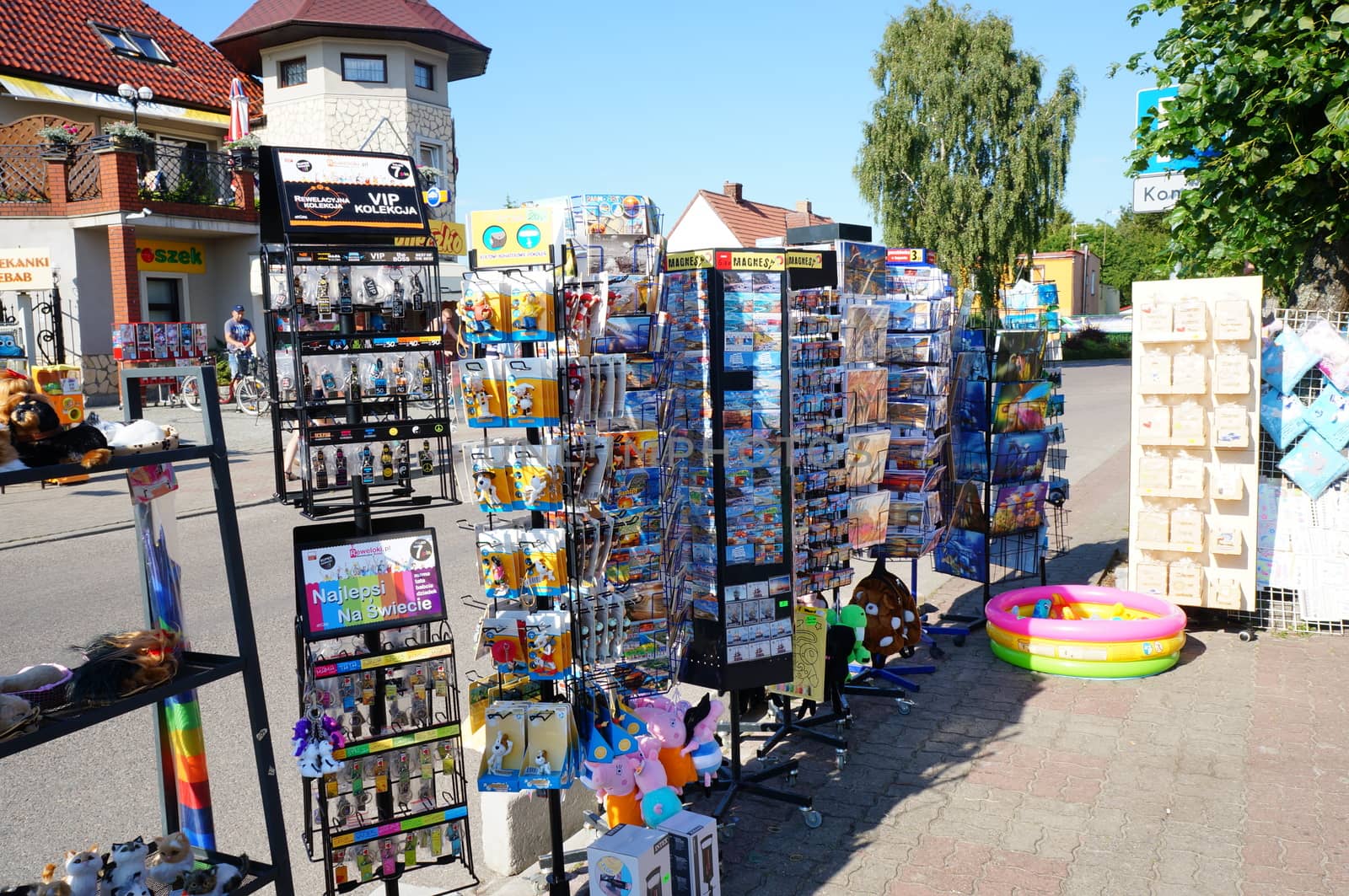 SIANOZETY, POLAND - JULY 22, 2015: Post cards and small souvenirs for sale at the street