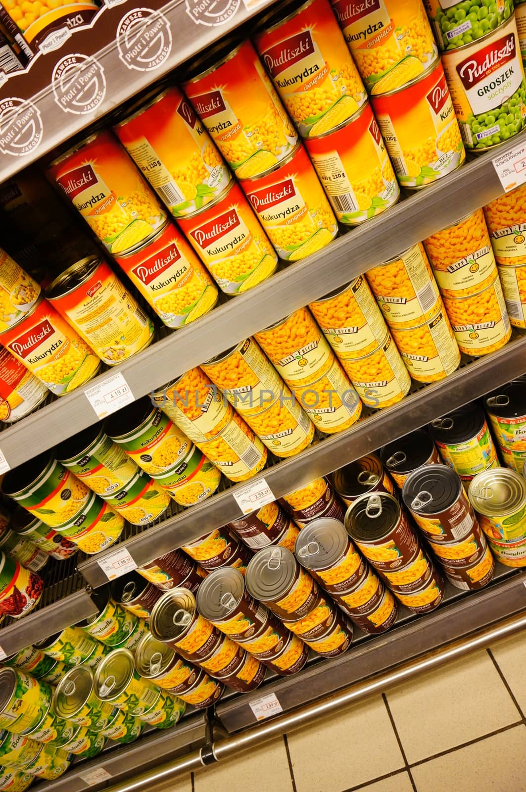 POZNAN, POLAND - JANUARY 27, 2014: Vegetables in cans in a supermarket