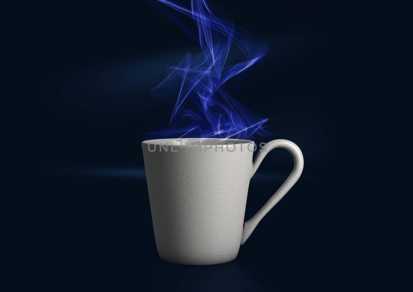 Abstract illustration of a steaming digital coffee cup with a circuit texture on a deep blue background