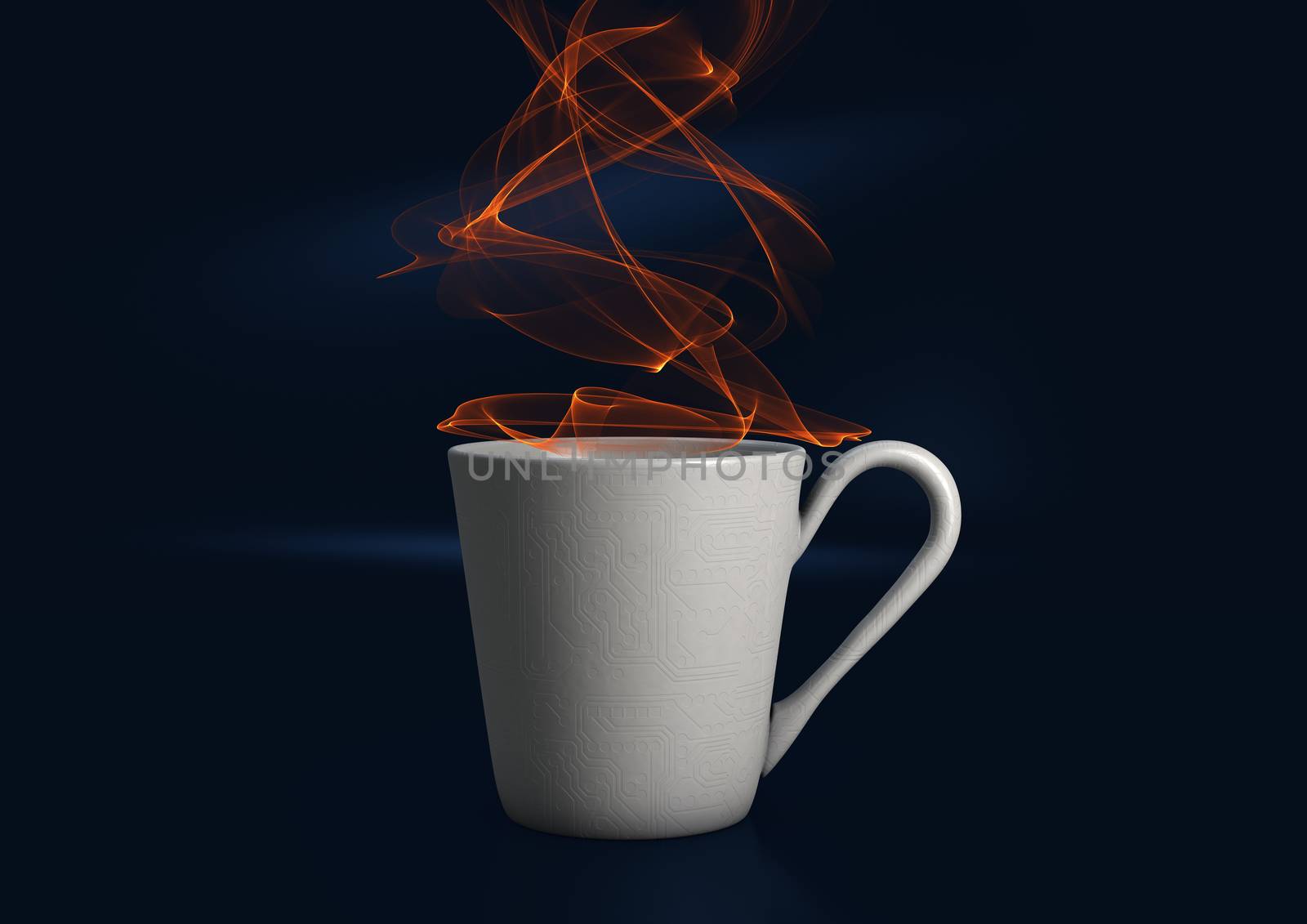 Abstract illustration of a steaming digital coffee cup with a circuit texture on a deep blue background