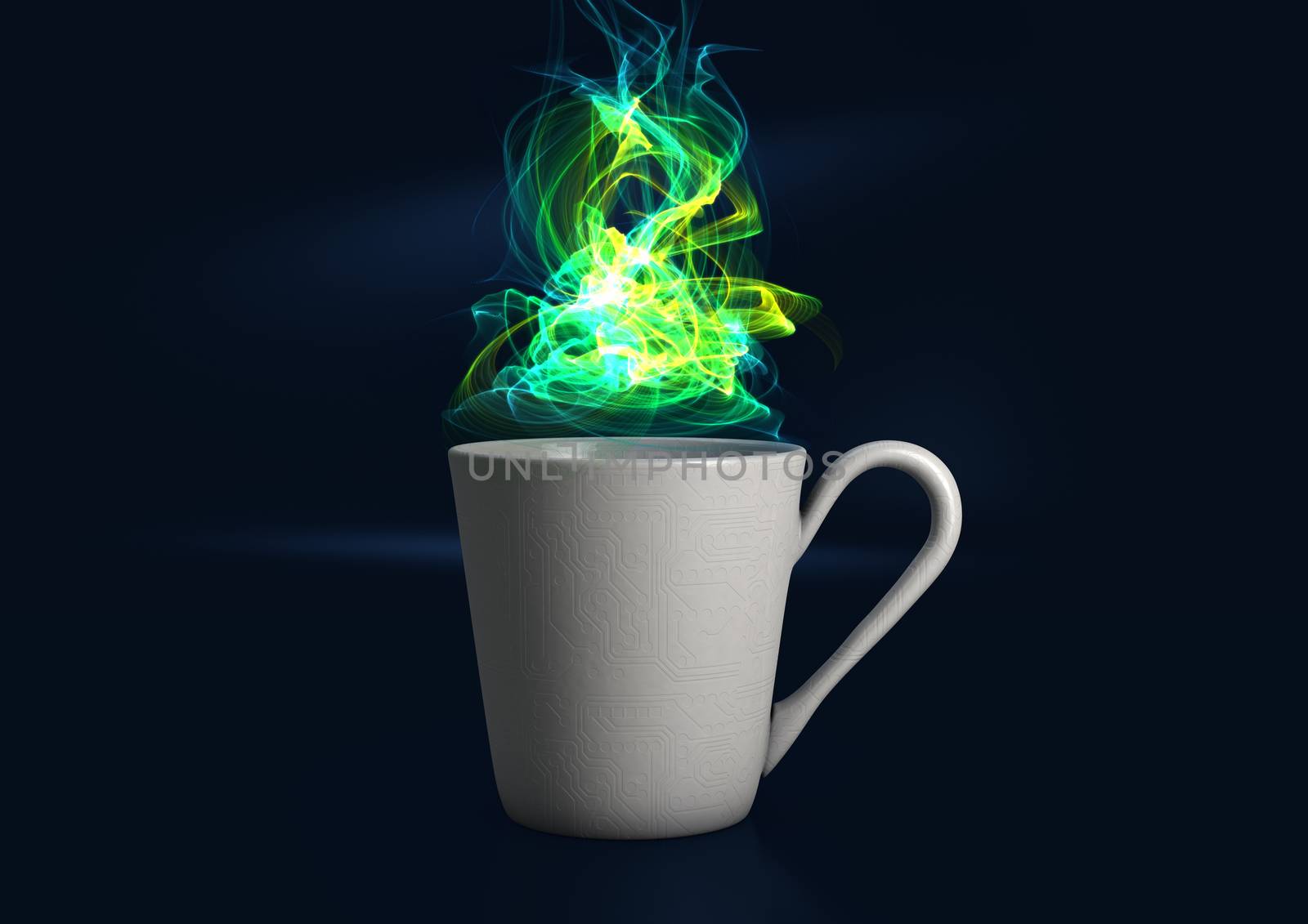 Abstract illustration of a steaming digital coffee cup with a circuit texture on a deep blue background