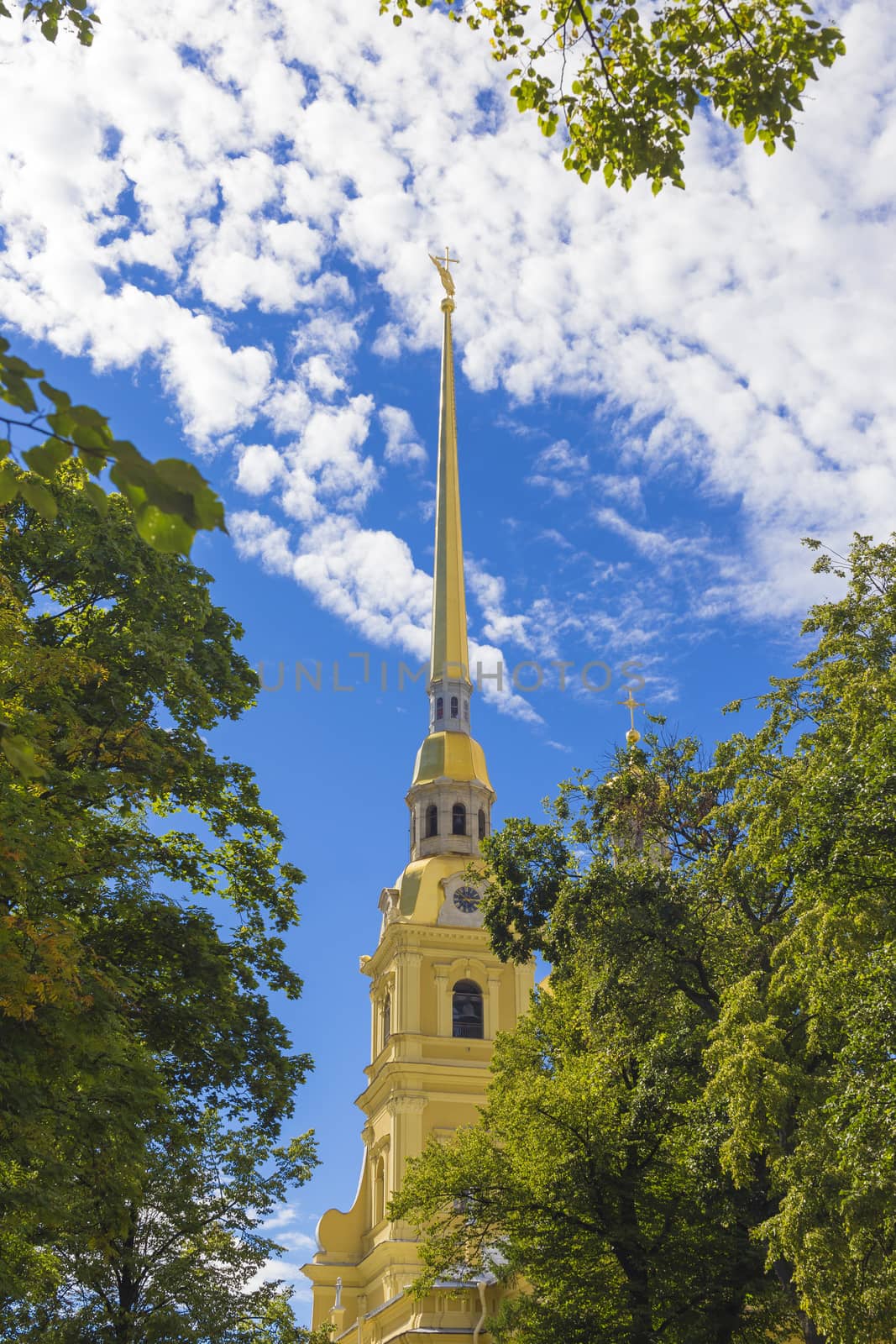 View of the spire of Peter and Paul cathedral in Peter and Paul fortress.St. Petersburg, Russia