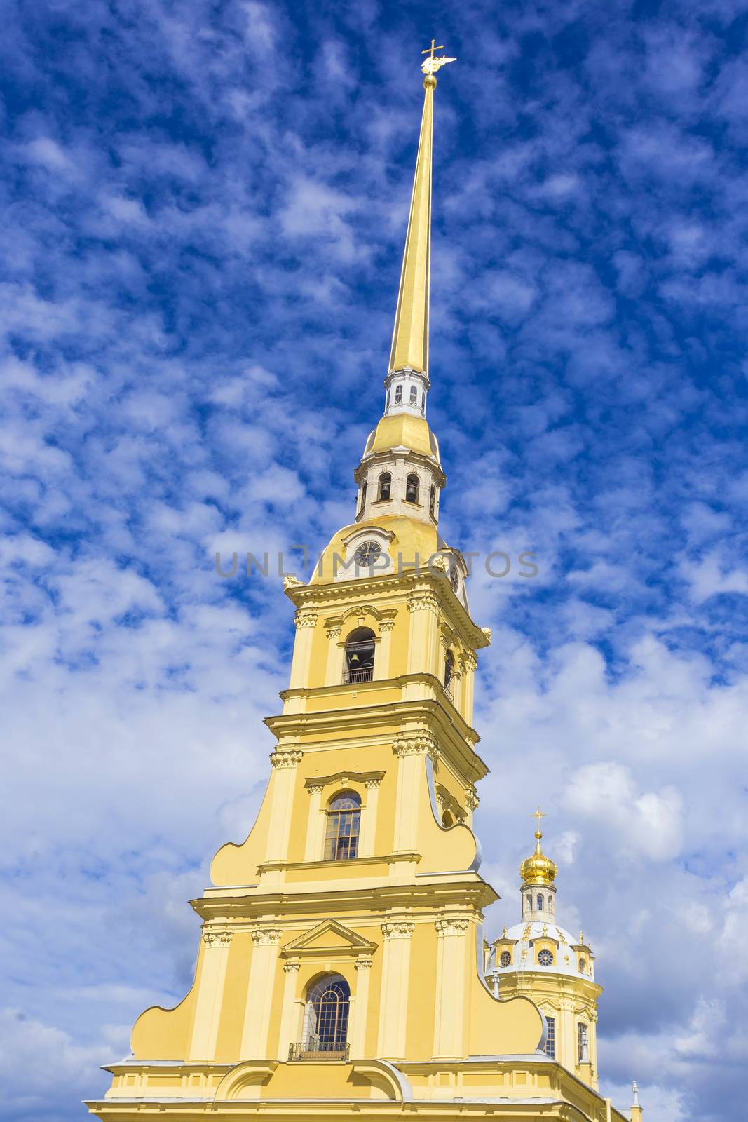 View of the spire of Peter and Paul cathedral in Peter and Paul fortress.St. Petersburg, Russia