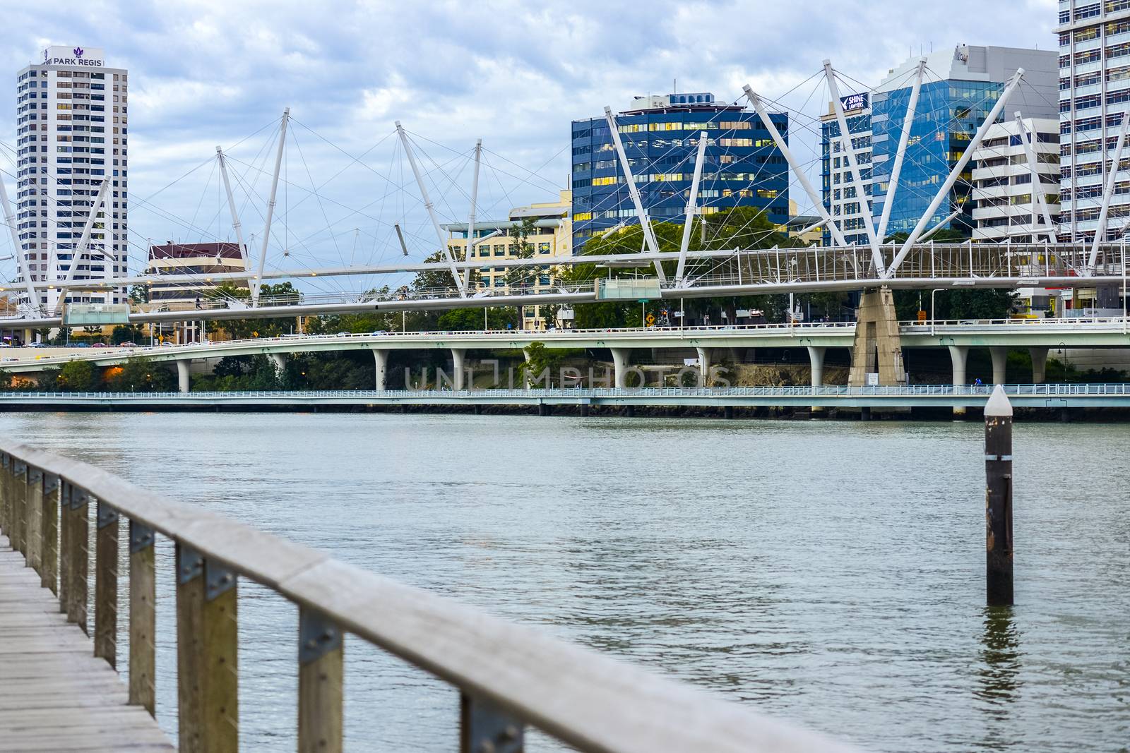 View of Kurilpa Bridge and Brisbane City in the daytime from Southbank