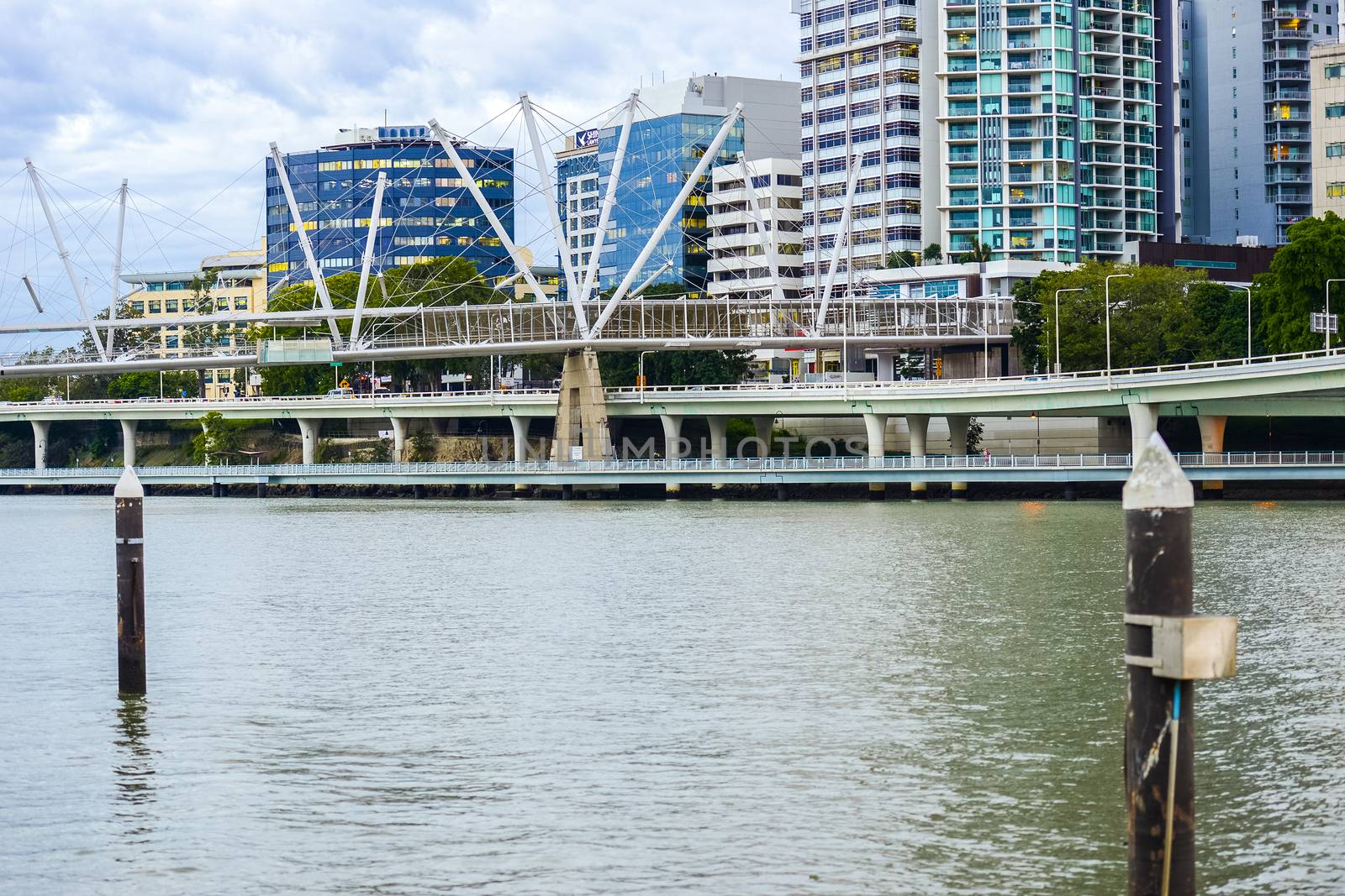 View of Kurilpa Bridge and Brisbane City in the daytime from Southbank