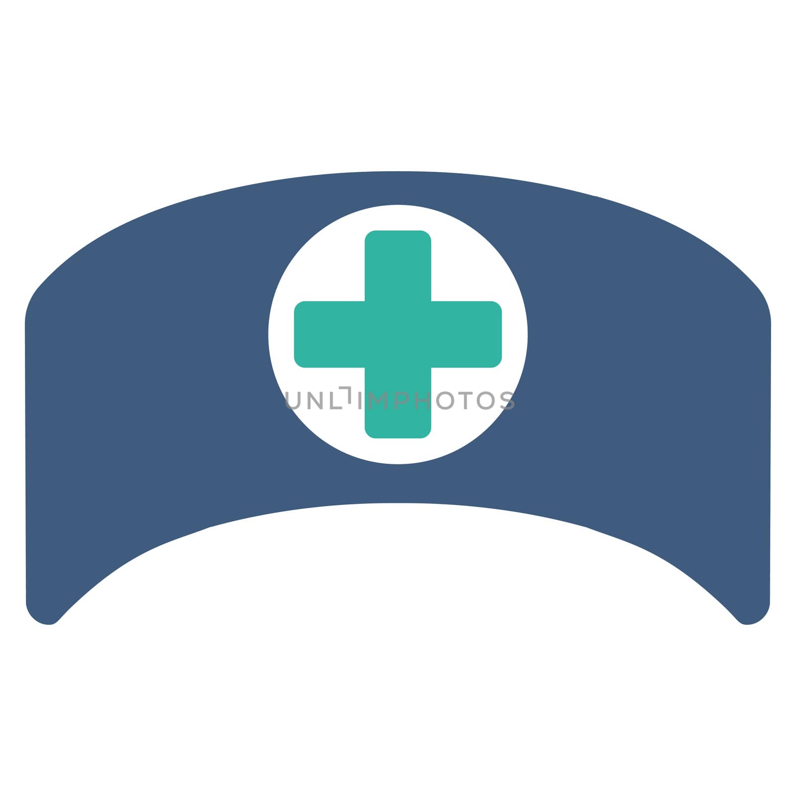 Doctor Cap glyph icon. Style is bicolor flat symbol, cobalt and cyan colors, rounded angles, white background.