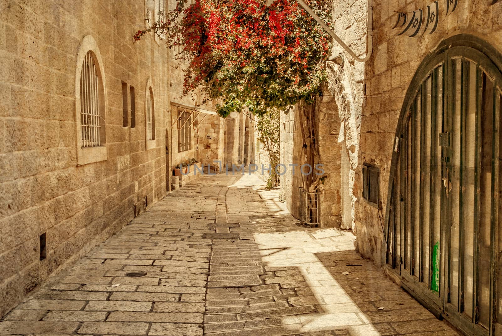 Ancient Alley in Jewish Quarter, Jerusalem. Israel. Photo in old color image style.