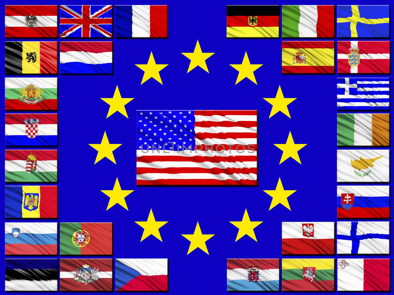 Flags of the countries of the European Union against the background of the flag of the EU