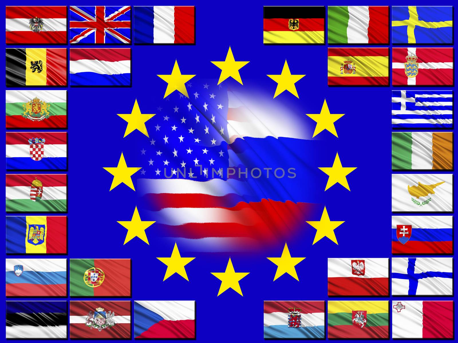 Flags of the countries of the European Union against the background of the flag of the EU