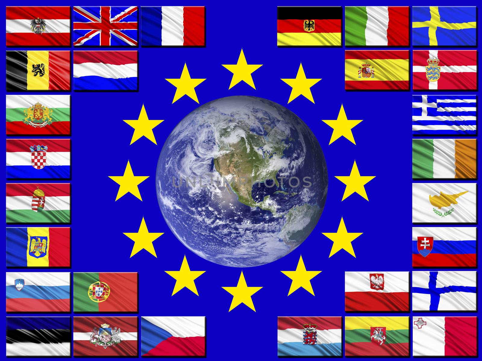 Flags of the countries of the European Union against the background of the flag of the EU