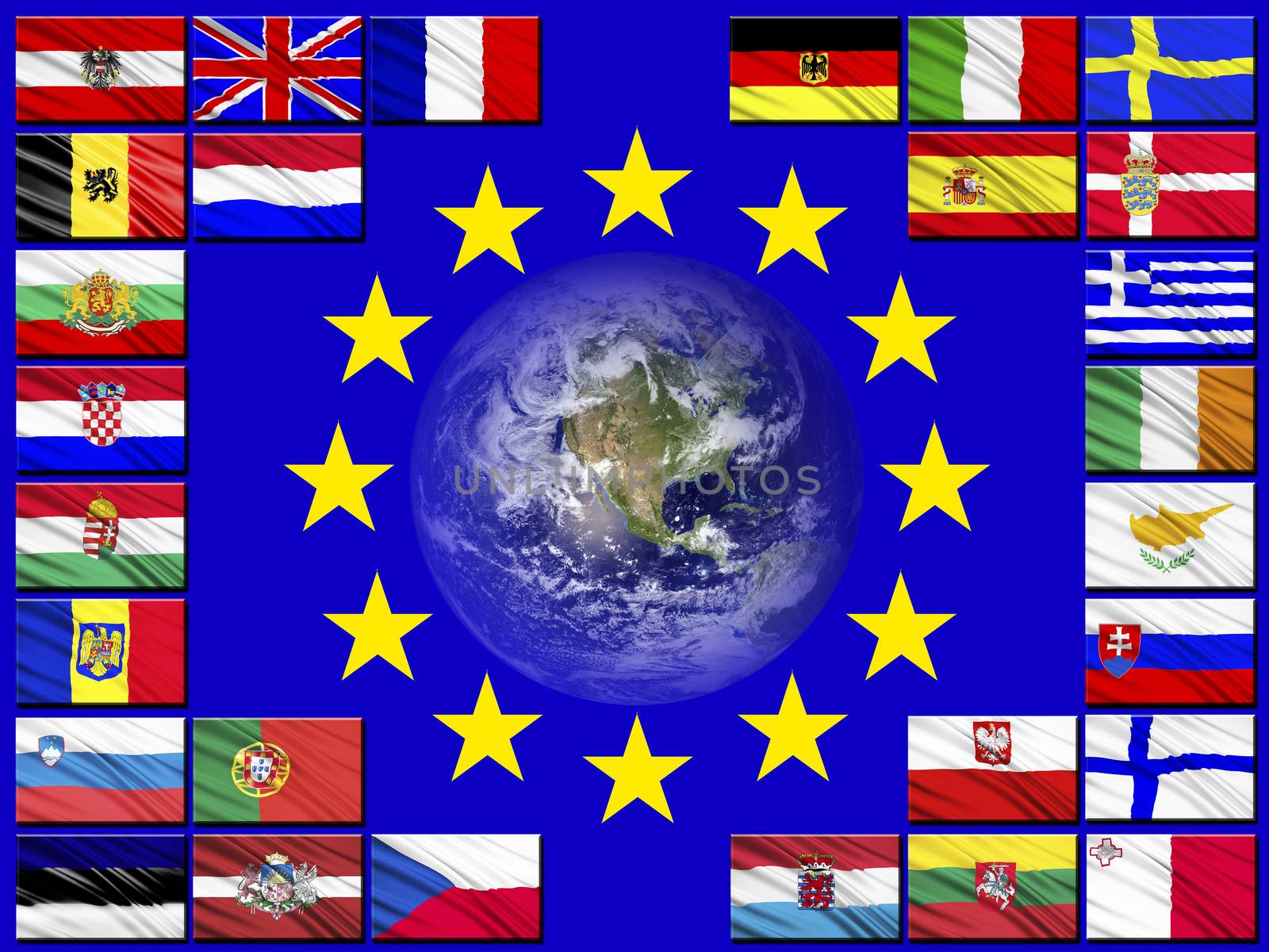 Flags of the countries of the European Union against the background of the flag of the EU
