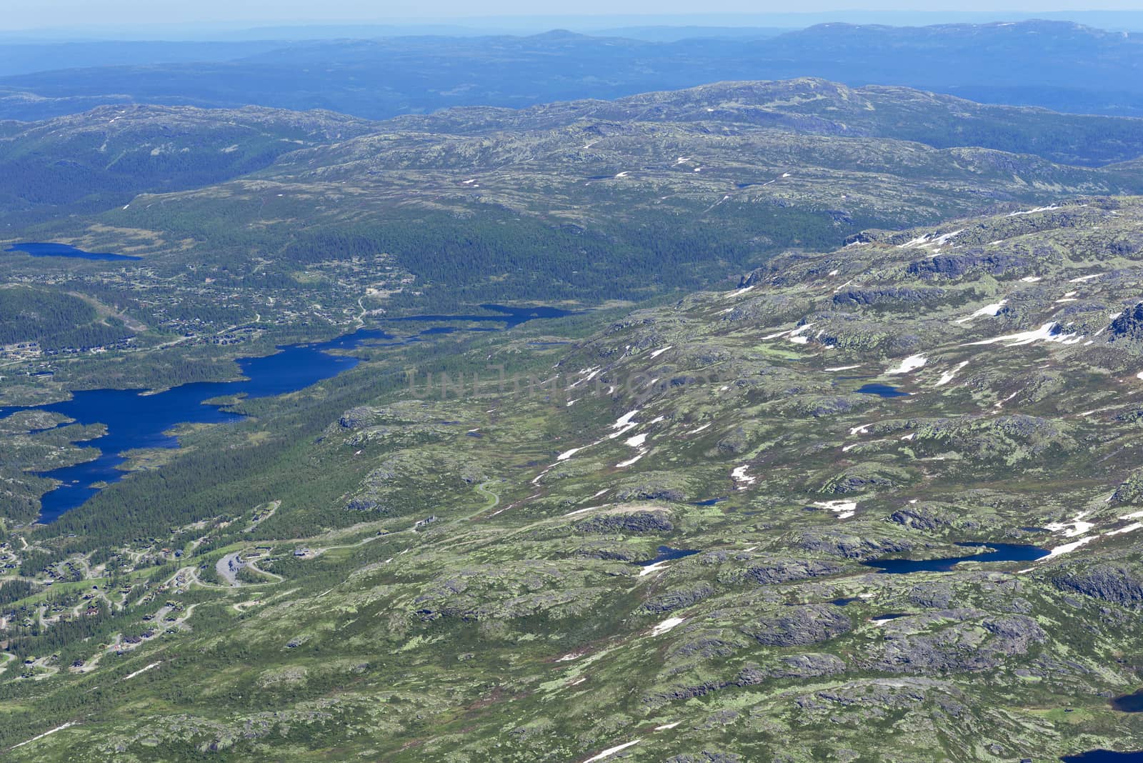 Panoramic view from Gaustatoppen mountain at sunny summer day, Telemark, Norway